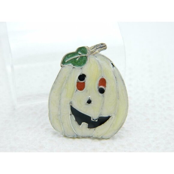 Vintage Halloween Goofy Eyed Pumpkin White Enamel - Picture 1 of 4